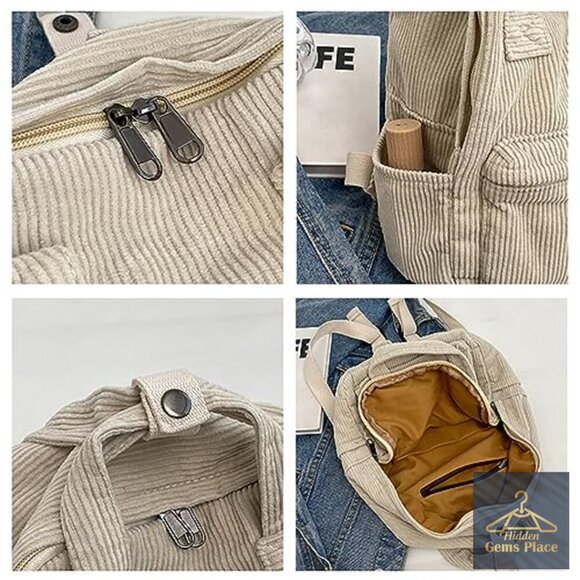Vintage Mini Corduroy Backpack Purse - Adjustable Straps, 4 Pockets, Casual